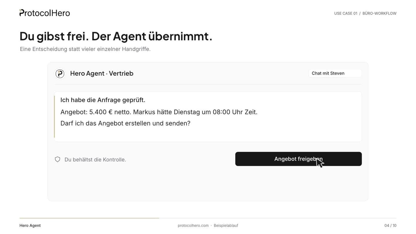 Chat mit Freigabe-Karte: Hero Agent fragt, ob er das Angebot über 5.400 € erstellen und senden darf