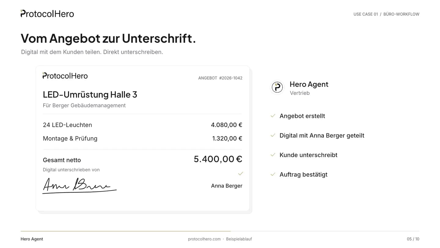 Angebot #2026-1042 LED-Umrüstung Halle 3 mit Positionen, Gesamtsumme 5.400 € netto und digitaler Unterschrift