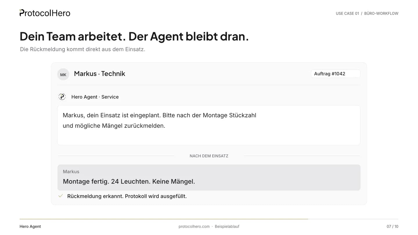 Chat zwischen Hero Agent Service und Monteur Markus: Montage fertig, 24 Leuchten, keine Mängel
