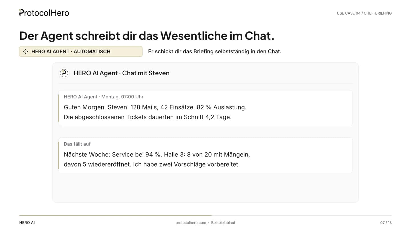 Chat with the HERO AI Agent: summary of the week with KPIs, utilisation and a note on hall 3, two proposals prepared