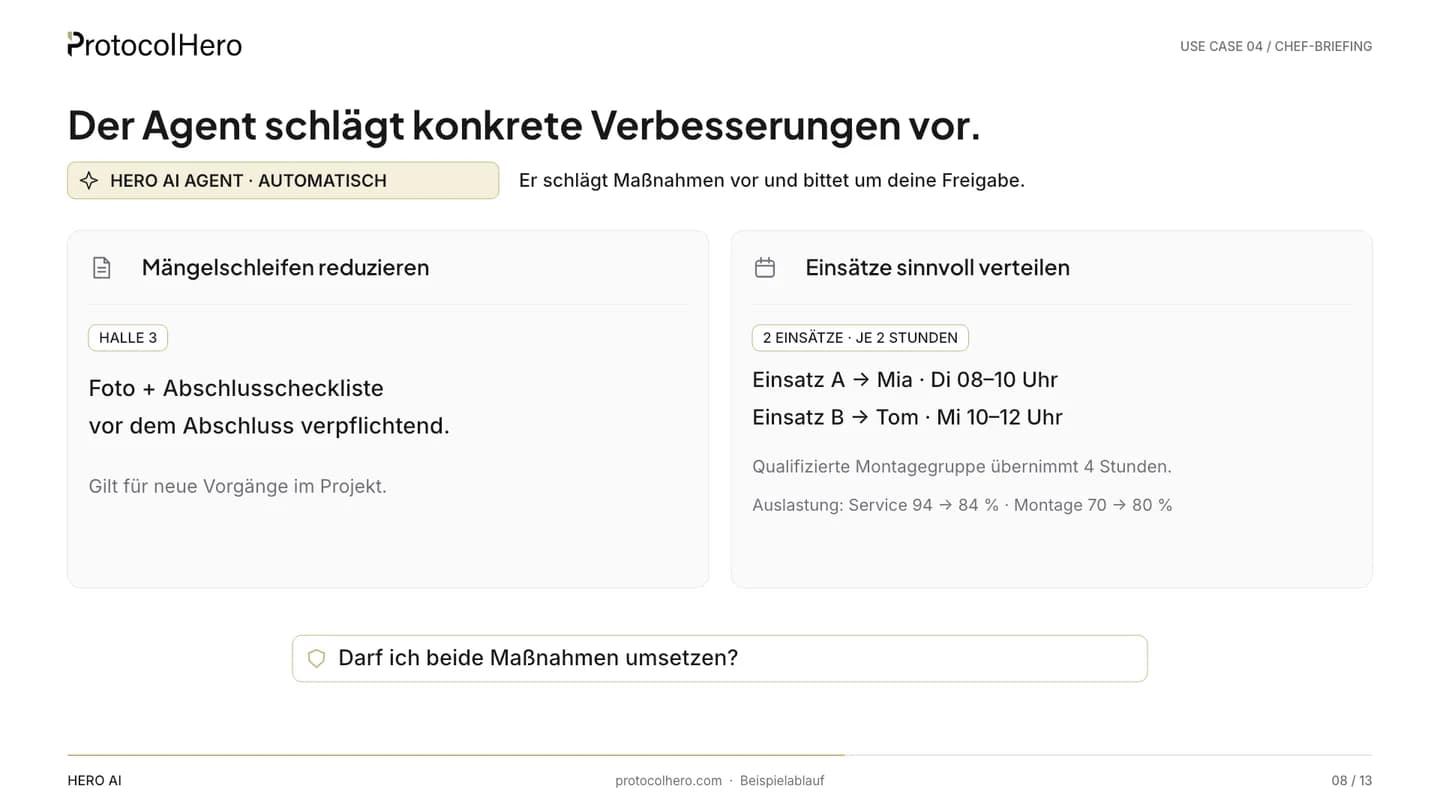 Two proposal cards: reduce defect loops with photo and completion checklist in the template, distribute jobs sensibly with job A to Mia and job B to Tom