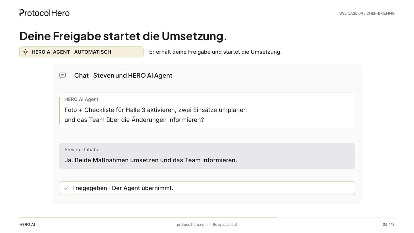 Chat approval: Steven replies “Yes. Implement both measures and inform the team.” – status Approved