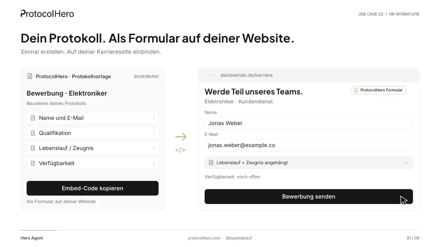 Protokollvorlage Bewerbung Elektroniker mit Embed-Code und Formular auf der Karriereseite deinbetrieb.de/karriere