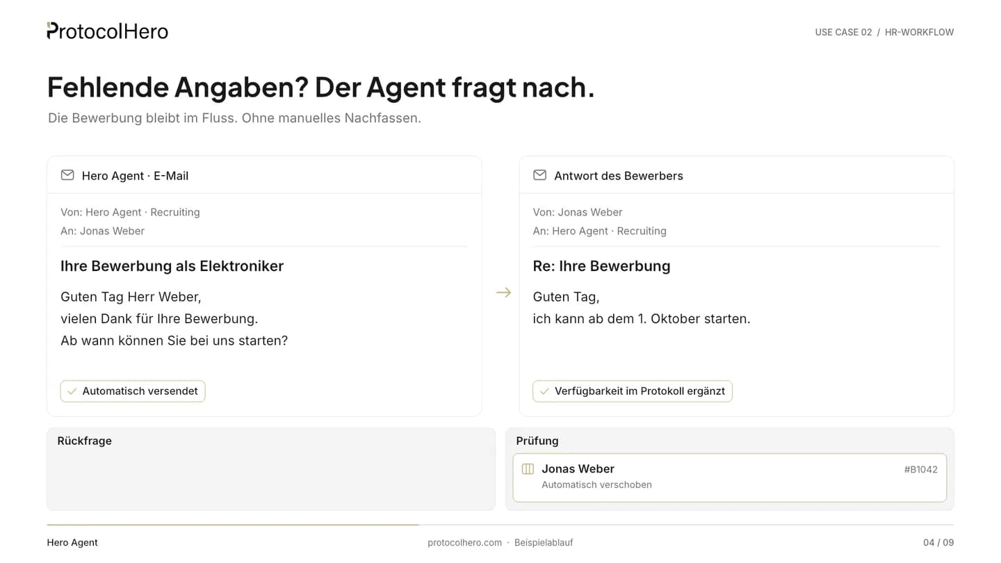 E-Mail-Rückfrage des Hero Agenten an Jonas Weber nach der Verfügbarkeit, Antwort ab 1. Oktober, Karte nach Prüfung verschoben