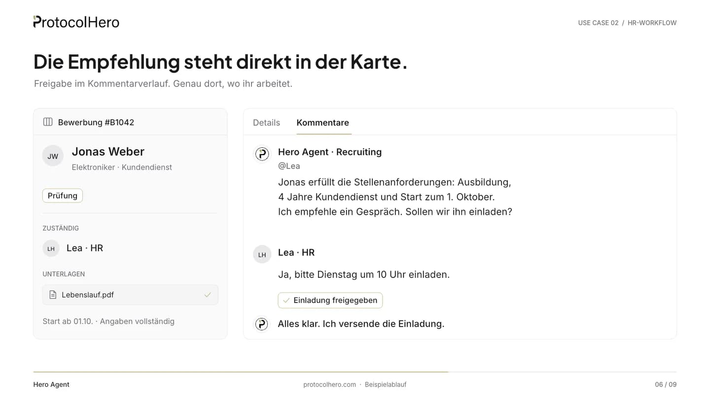Kommentarverlauf in der Bewerbungskarte: Hero Agent empfiehlt ein Gespräch, Lea aus HR gibt die Einladung frei