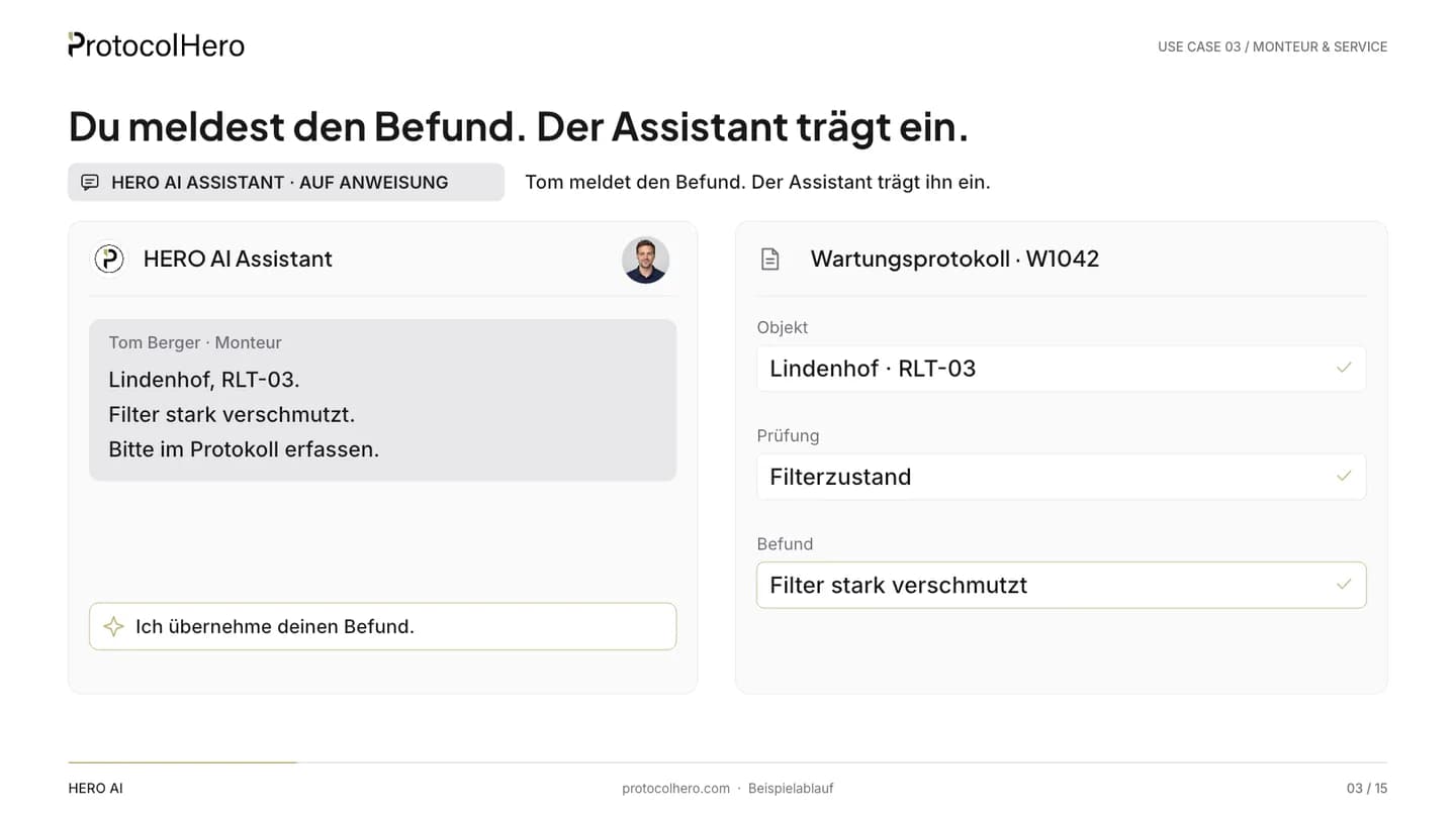 HERO AI Assistant enters the finding “filter heavily soiled” into maintenance protocol RLT-03 in a structured way