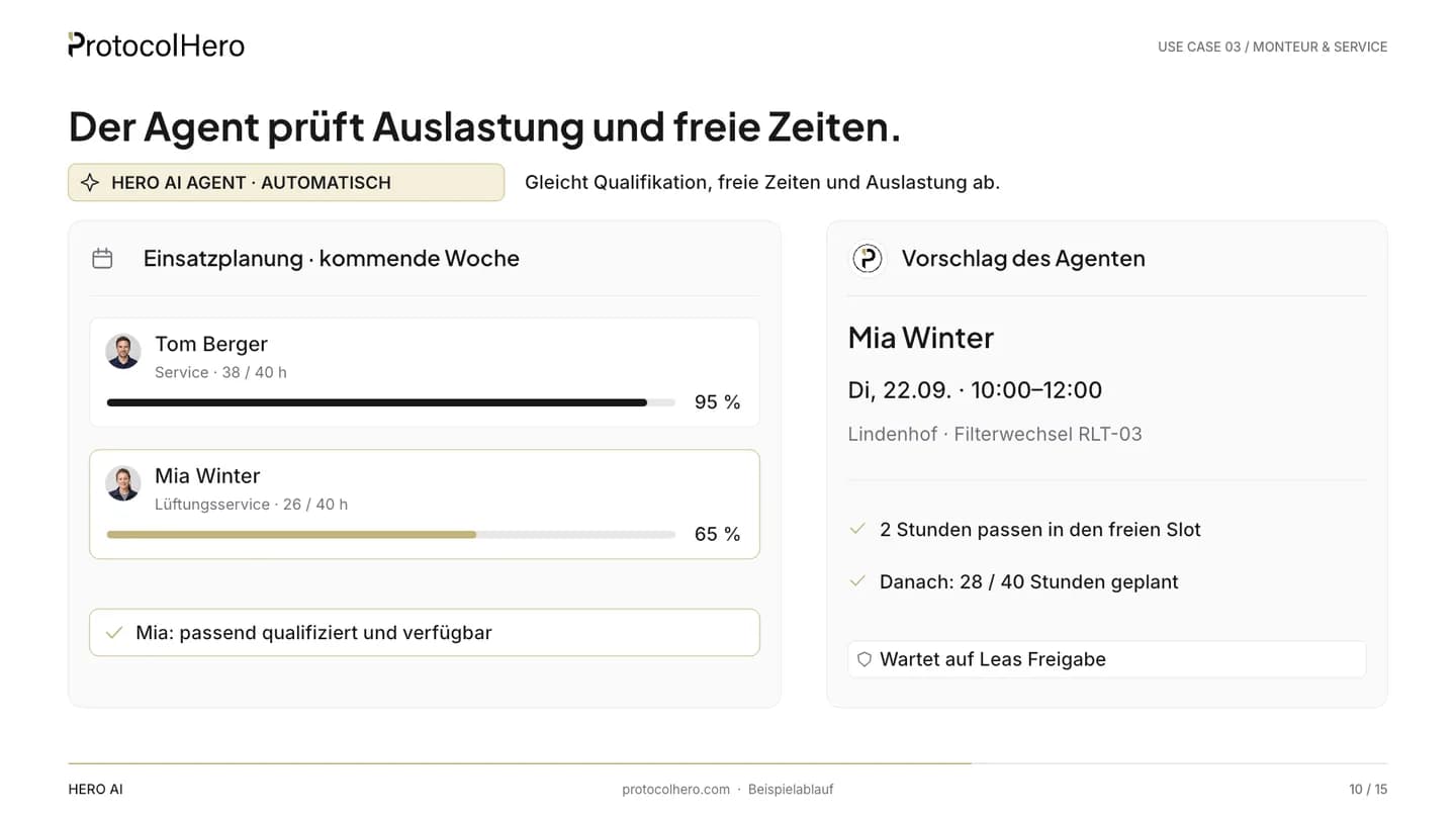 Crew schedule for next week: workload of Tom Berger and Mia Winter, agent's proposal for Mia Winter with a date