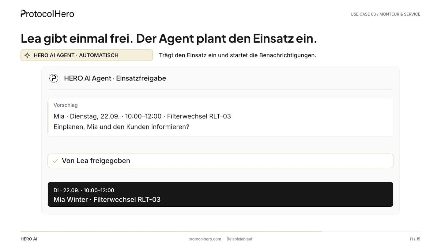 Approval card in team chat: job for Mia Winter on Tuesday 10:00–12:00, notifications to Mia and the customer, Approve button