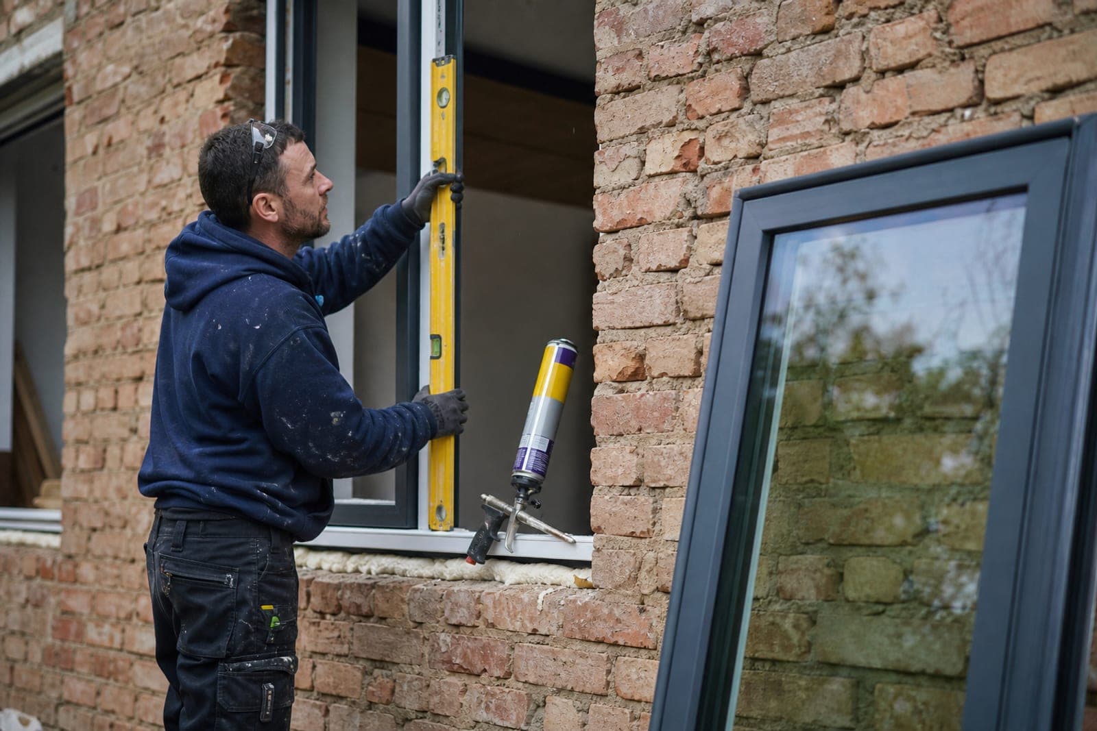Monteur richtet ein neues Fenster in der Maueröffnung aus