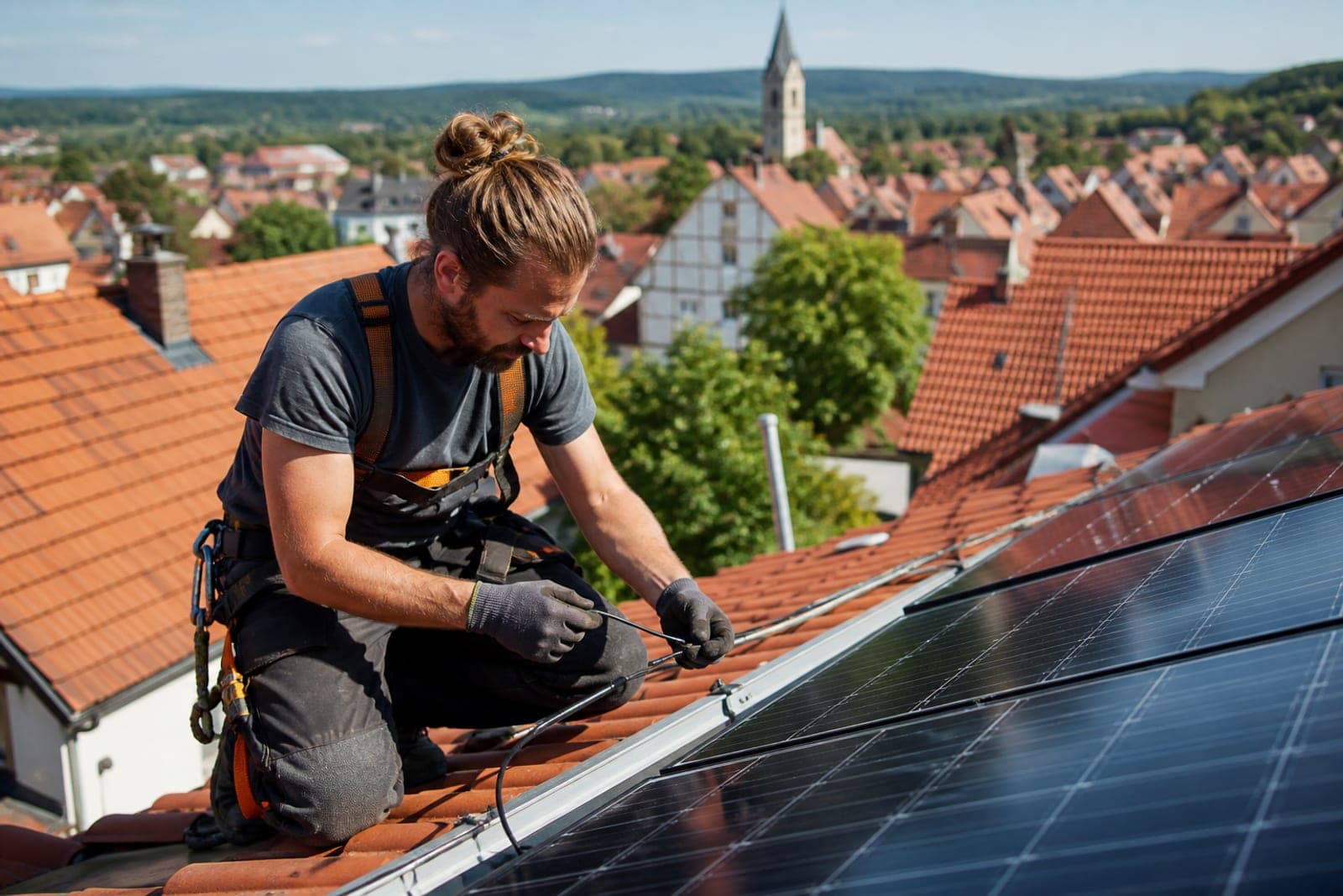 Solarteur prüft die Verkabelung einer Photovoltaikanlage auf dem Dach