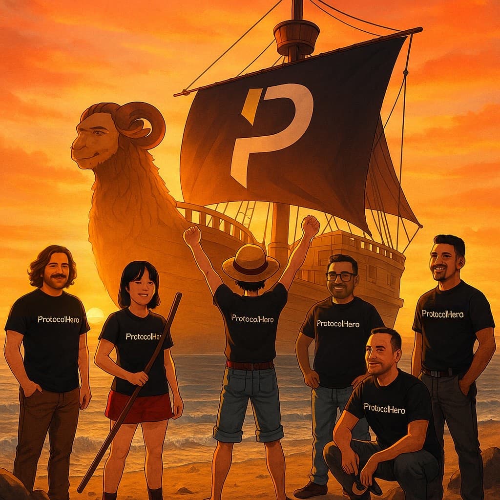 Illustration der ProtocolHero-Crew vor einem Schiff mit Strohhut und leuchtendem P-Segel
