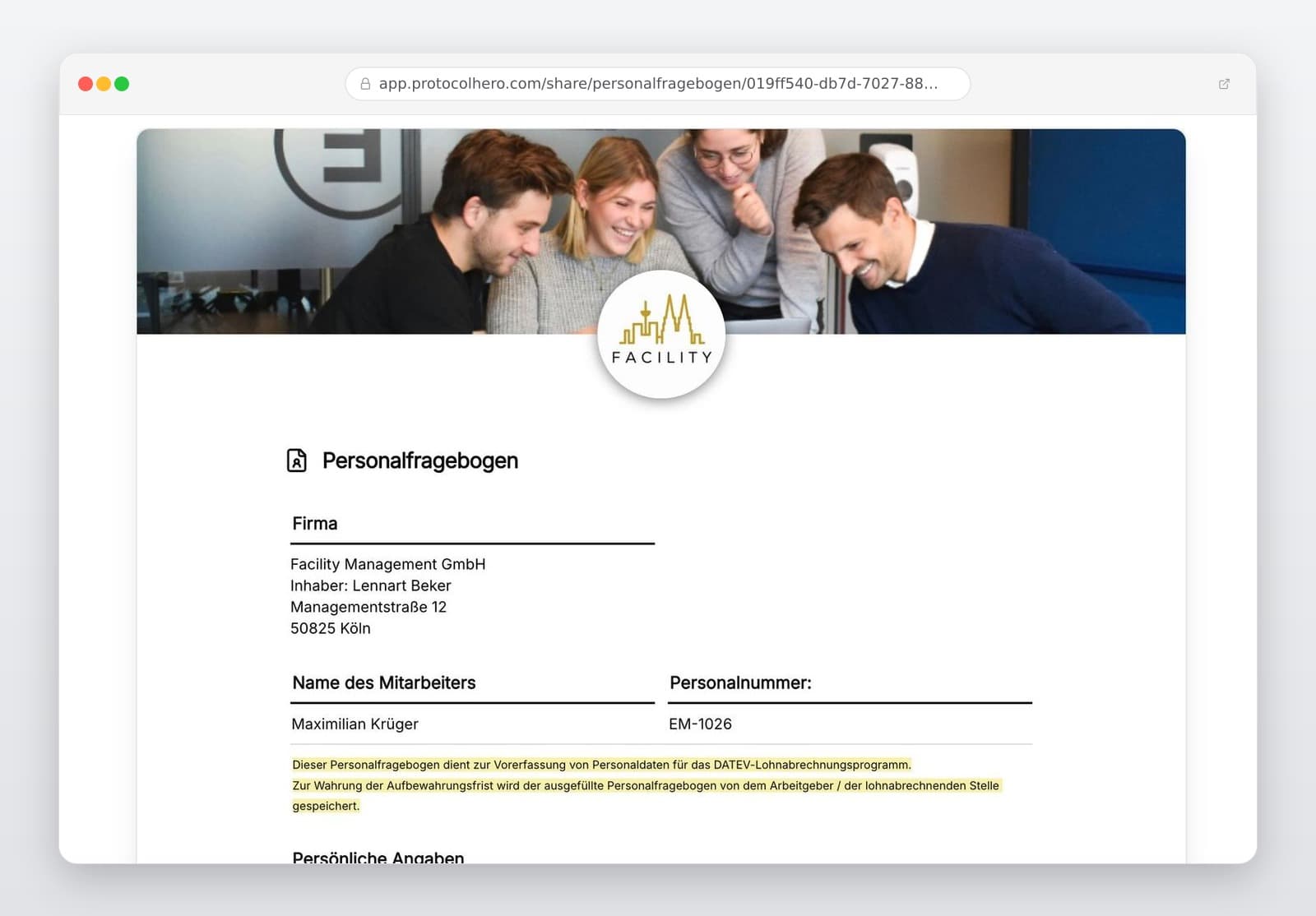 Vorschau der Vorlage „Personalfragebogen Vorlage – Einstellung & DATEV-Lohnabrechnung"