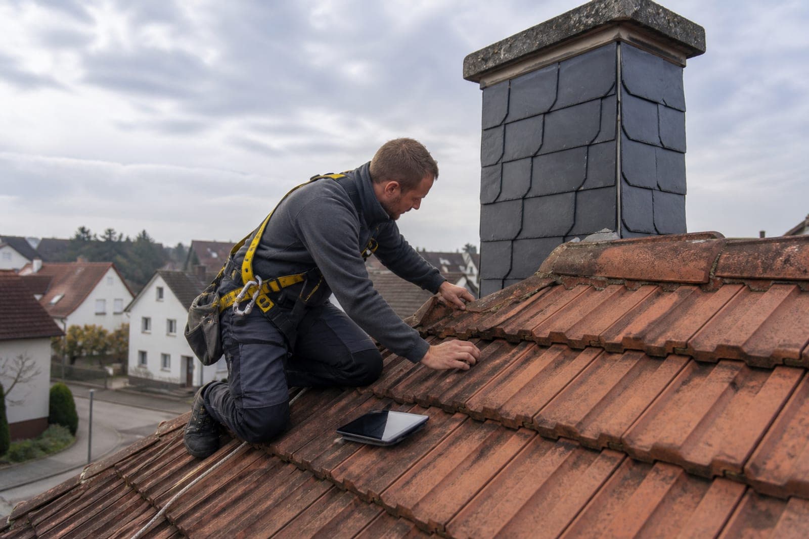 Dachdecker prüft Ziegel neben dem Schornstein eines Wohnhauses