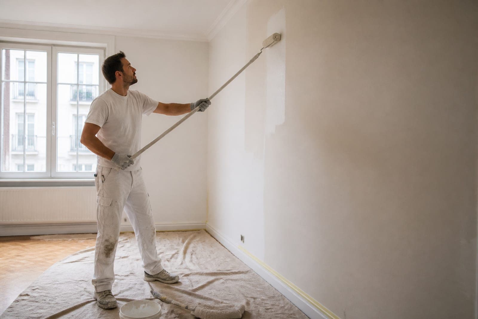 Maler streicht die Wand einer leeren Wohnung mit der Rolle