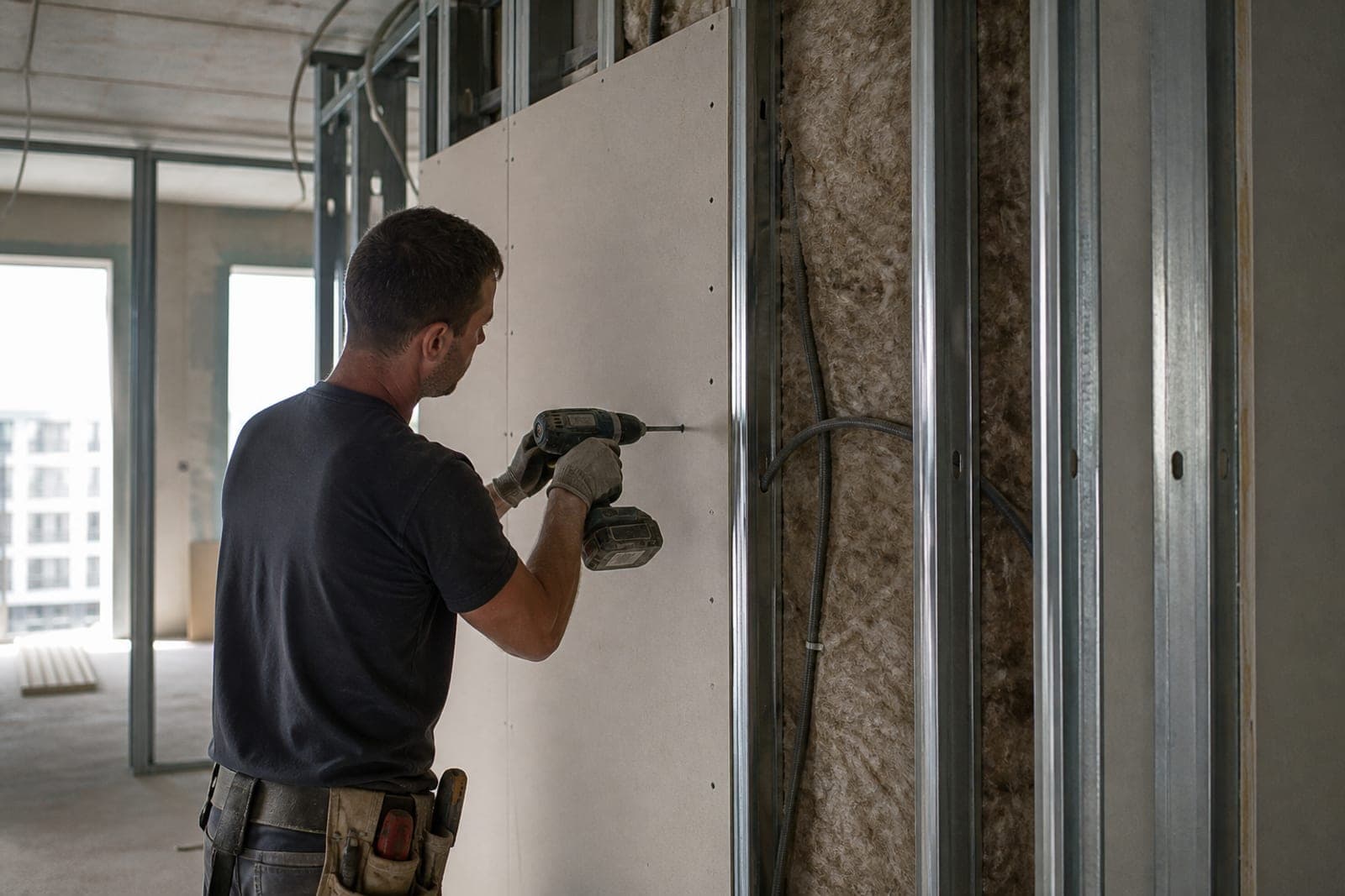 Trockenbauer verschraubt eine Gipskartonplatte am Ständerwerk