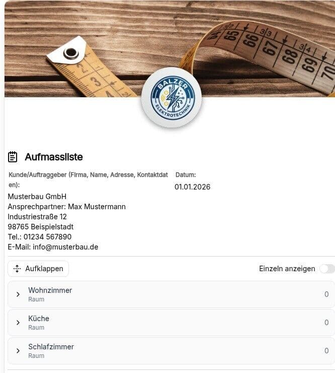 Vorschau der Vorlage „Aufmaßliste – Vorlage für Handwerk & Bau (VOB/B §14, BGB §650g)"