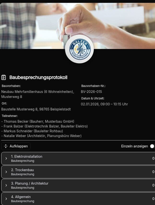 Vorschau der Vorlage „Baubesprechungsprotokoll – Vorlage für Bauleitung & Architekten (VOB/B, HOAI)"