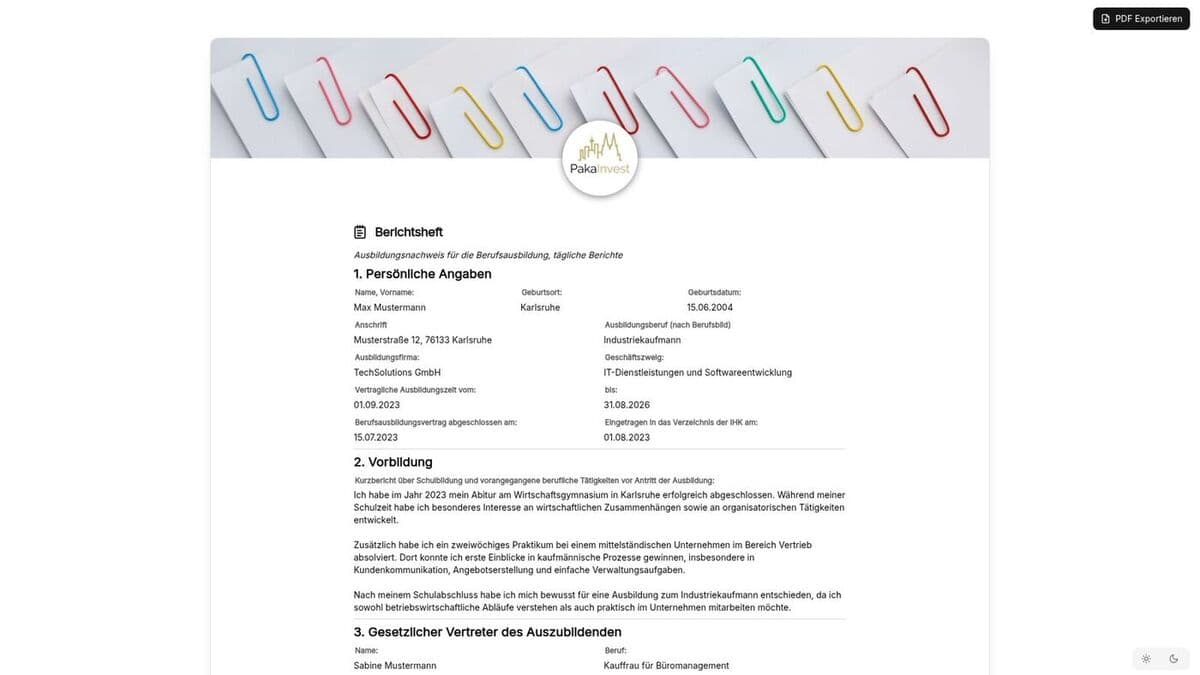 Vorschau der Vorlage „Berichtsheft Vorlage – digital führen statt handschriftlich"