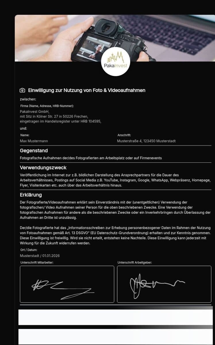 Vorschau der Vorlage „Einwilligung Foto- & Videoaufnahmen – DSGVO-Vorlage (Art. 6 / §22 KunstUrhG)"