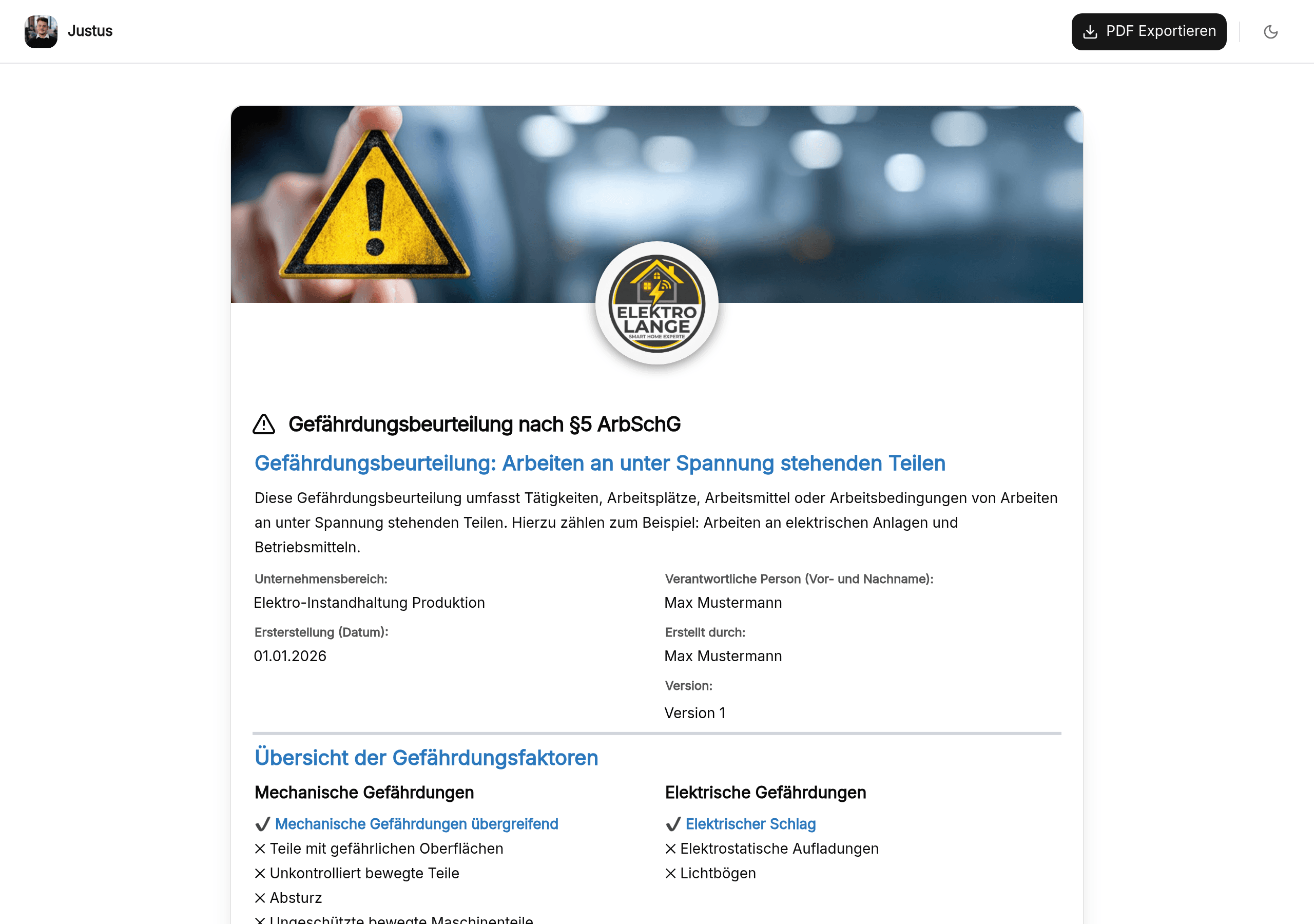 Vorschau der Vorlage „Gefährdungsbeurteilung nach §5 ArbSchG – Vorlage für jeden Arbeitsplatz"
