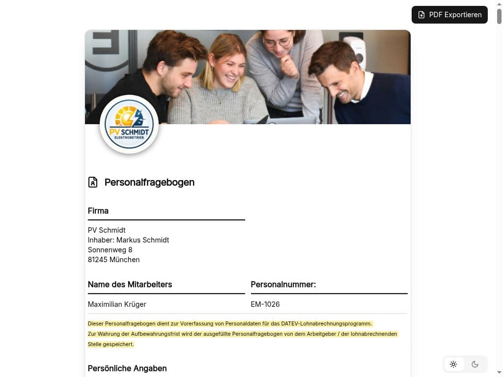 Vorschau der Vorlage „Personalfragebogen Vorlage – Einstellung & DATEV-Lohnabrechnung"