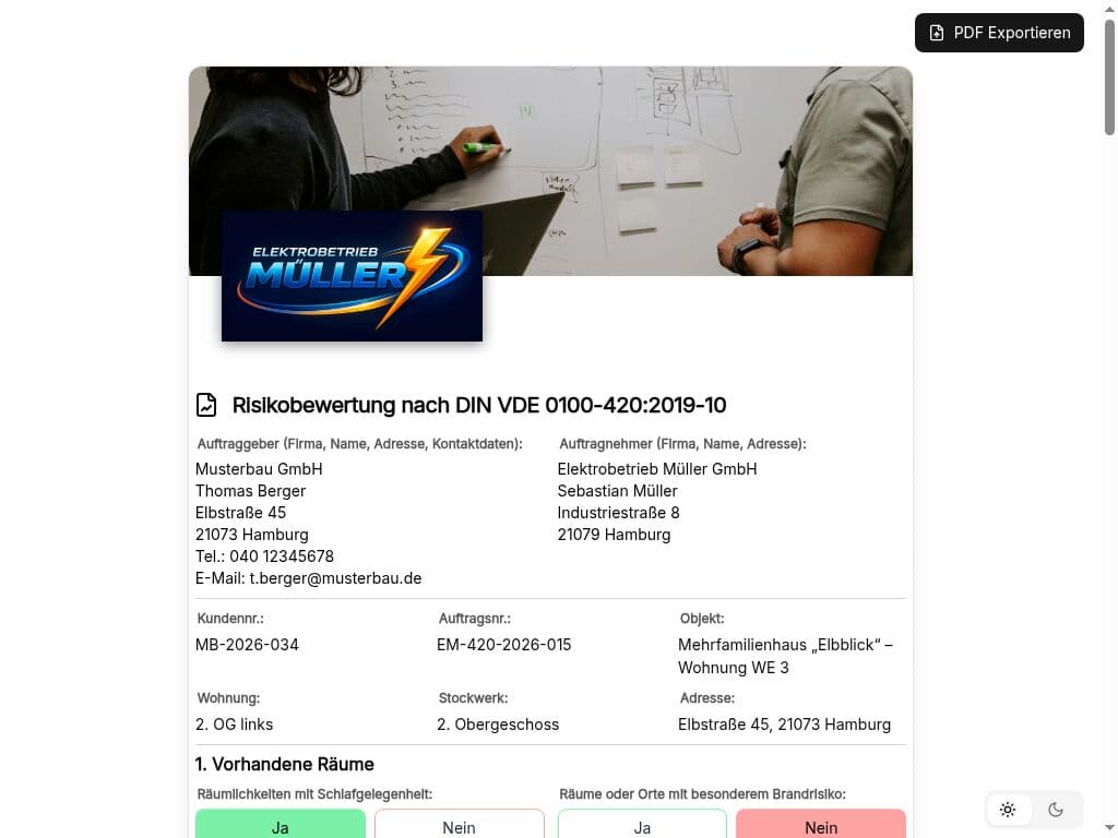 Vorschau der Vorlage „Risikobewertung DIN VDE 0100-420:2019-10 – Vorlage (AFDD / Brandschutzschalter)"