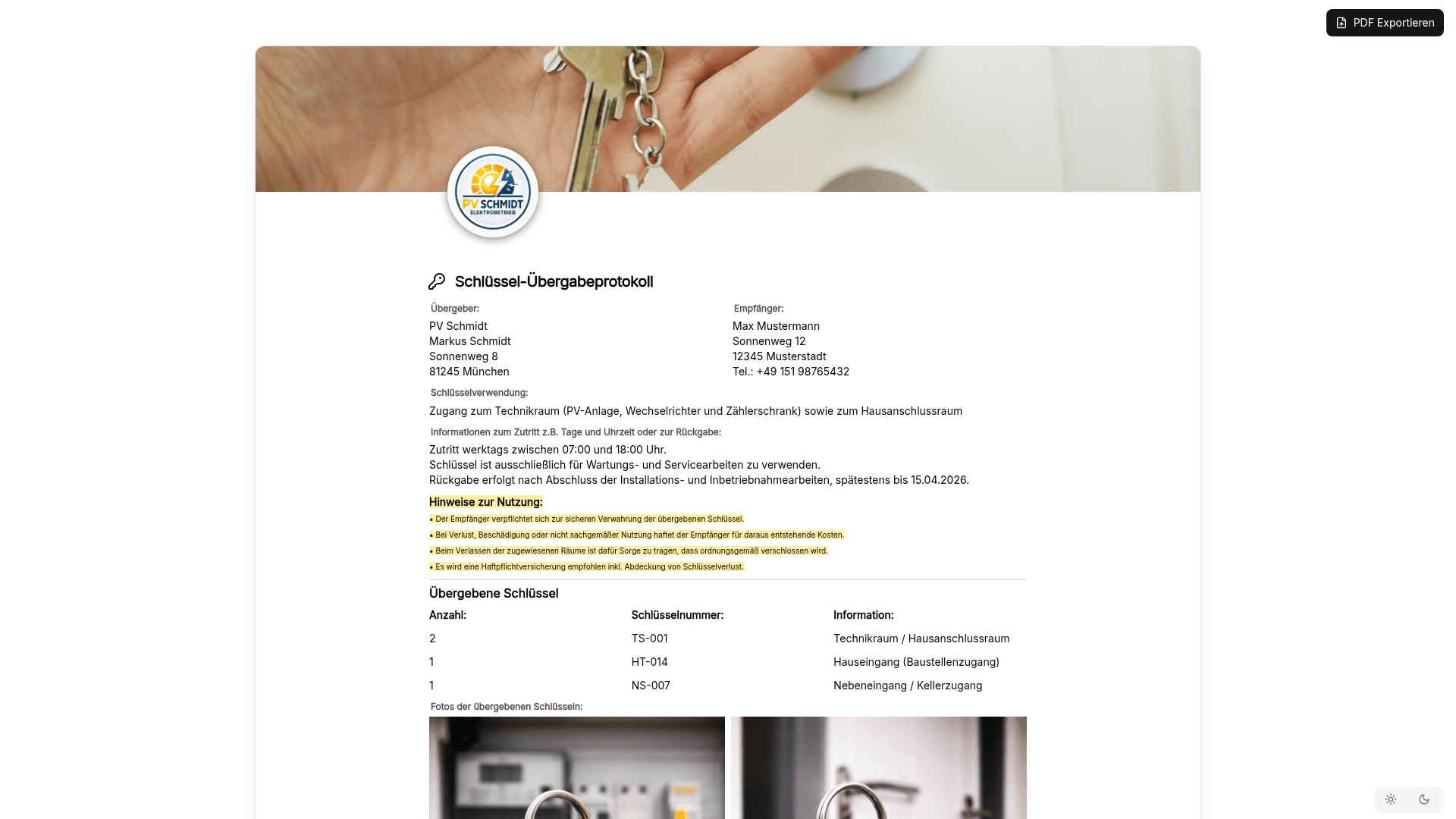 Vorschau der Vorlage „Schlüssel-Übergabeprotokoll – Vorlage für Bau, Wartung & Vermietung"