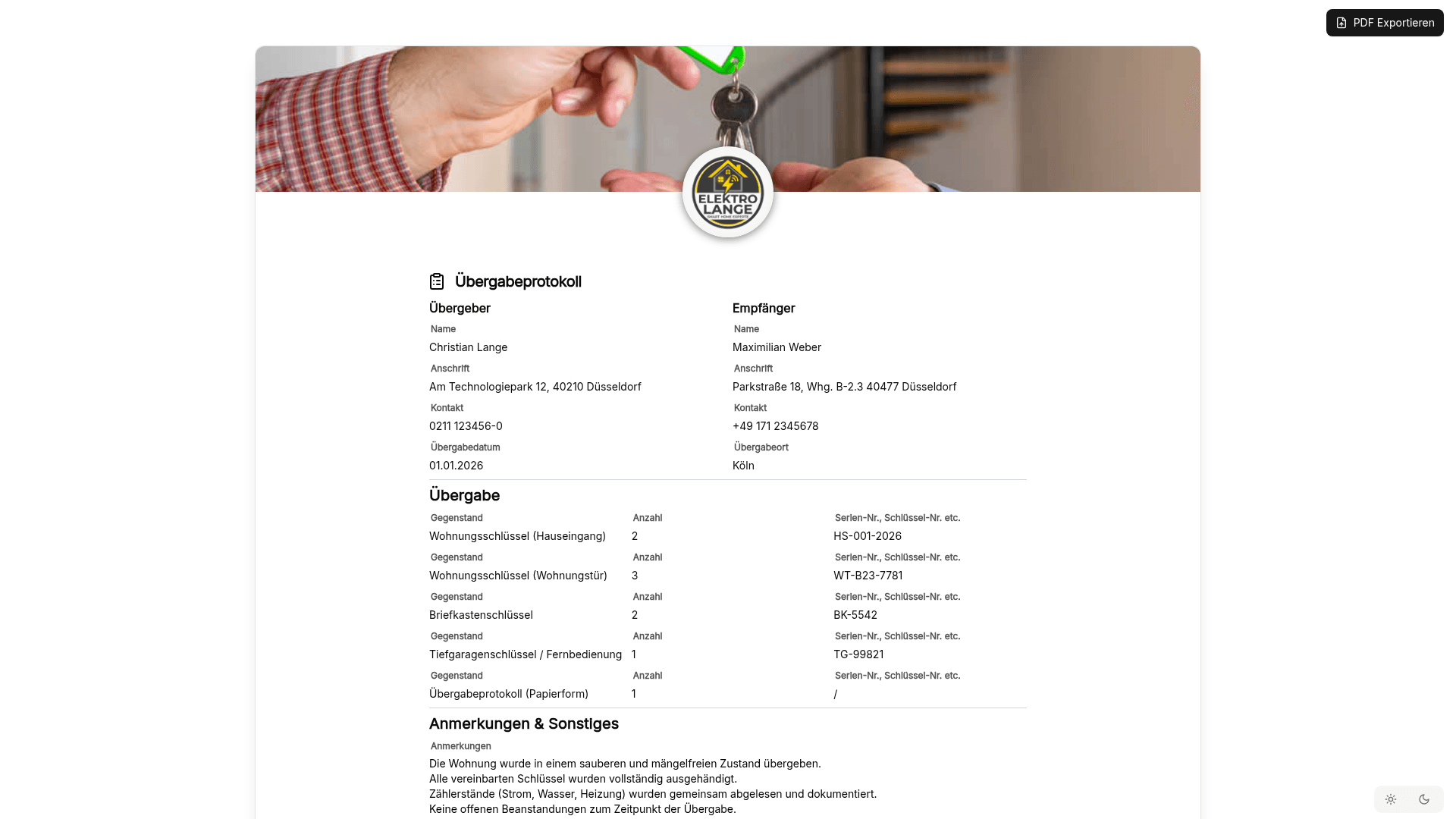 Vorschau der Vorlage „Übergabeprotokoll – Vorlage für Wohnung, Objekt & Schlüssel"