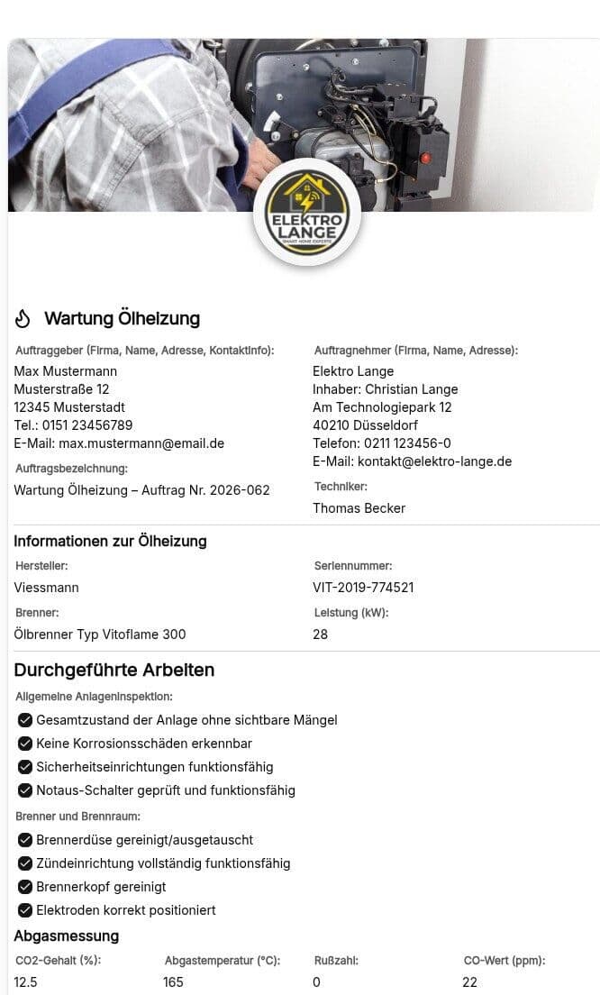 Vorschau der Vorlage „Wartungsprotokoll Ölheizung – Vorlage (1. BImSchV, DIN 4755, KÜO)"