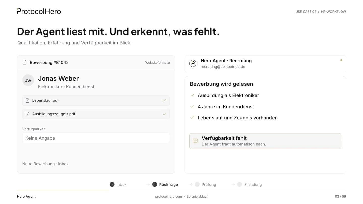 Bewerbung als Karte im Board mit Prüfung durch den Hero Agenten