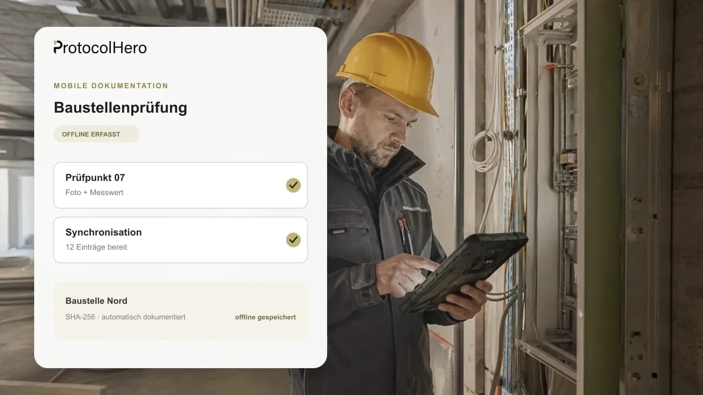 Elektrofachkraft nutzt eine Prüfprotokoll-App auf der Baustelle