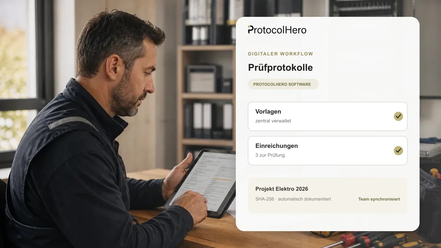 Elektrohandwerker bearbeitet ein digitales Prüfprotokoll