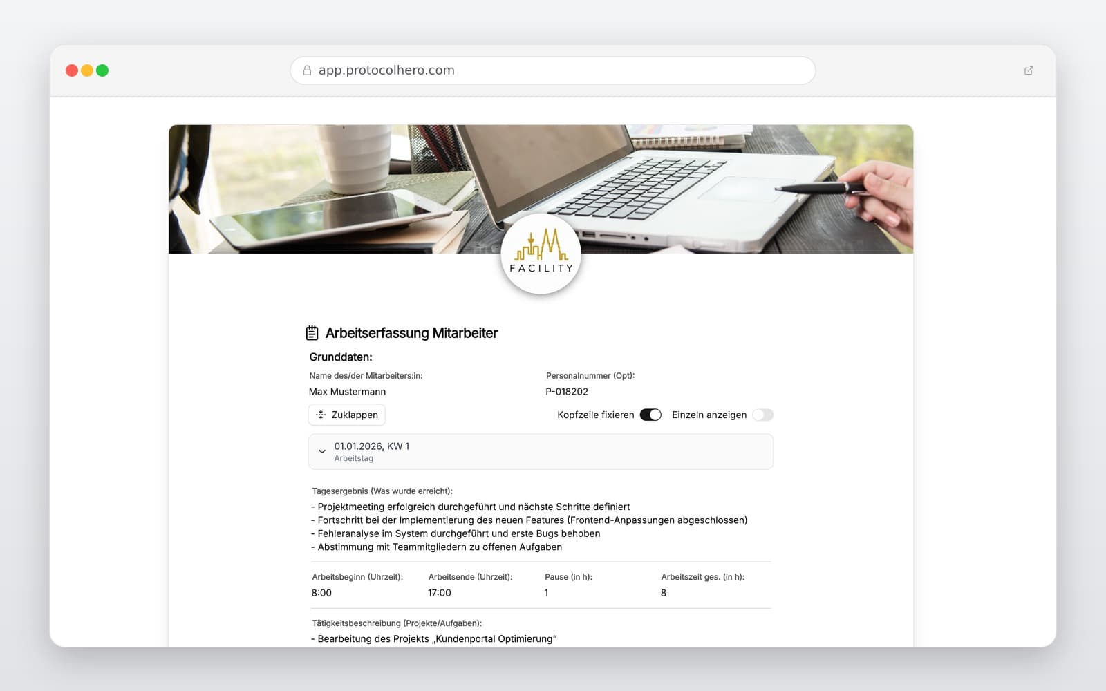 Vorschau der Vorlage „Arbeitszeiterfassung Vorlage – Digitaler Stundenzettel fürs Handwerk"