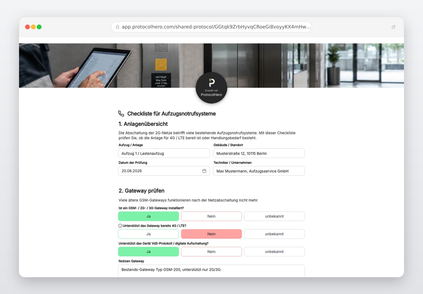 Vorschau der Vorlage „Aufzugsnotruf Checkliste – Vorlage zur Funktionsprüfung & Dokumentation"
