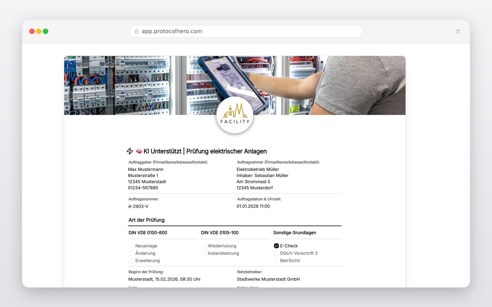 Vorschau der Vorlage „Prüfung elektrischer Anlagen – Digitales Prüfprotokoll mit KI-Unterstützung"