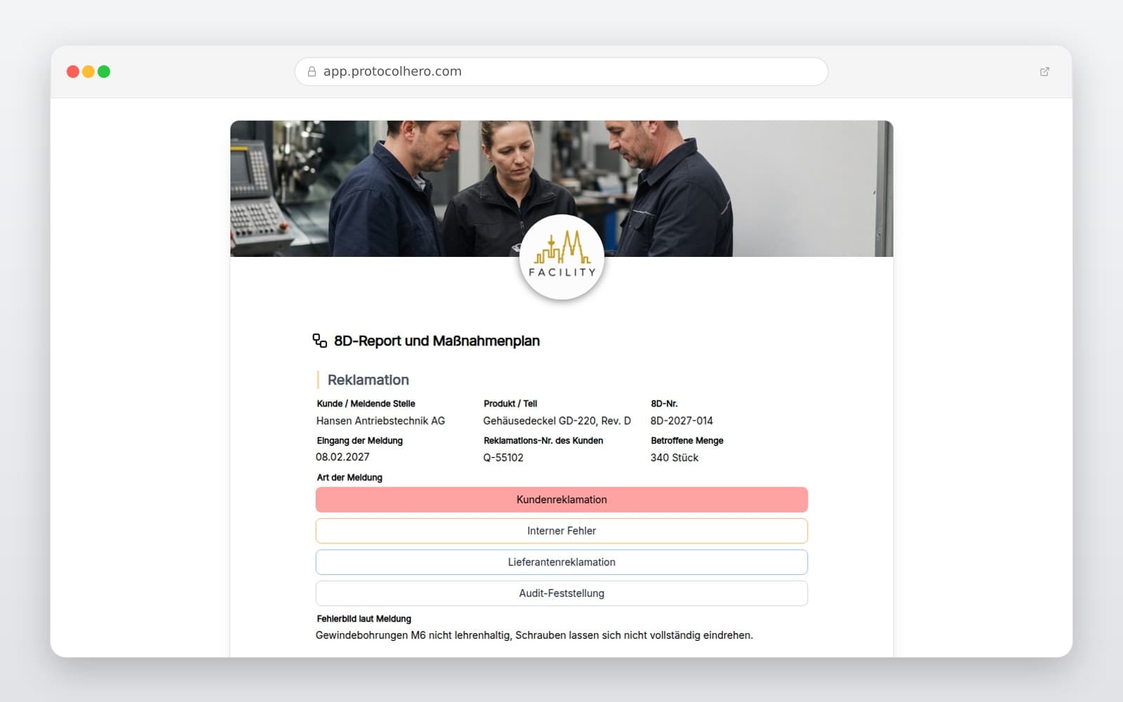 Vorschau der Vorlage „8D-Report und Maßnahmenplan"