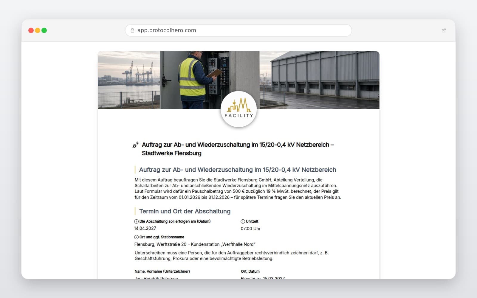 Vorschau der Vorlage „Auftrag zur Ab- und Wiederzuschaltung im 15/20-0,4 kV Netzbereich – Stadtwerke Flensburg"