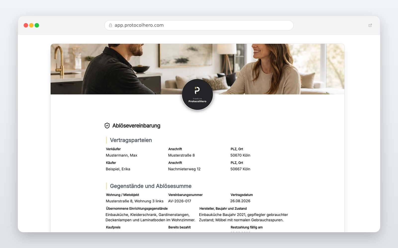Vorschau der Vorlage „Ablösevereinbarung Vorlage – Möbel & Inventar rechtssicher übergeben"