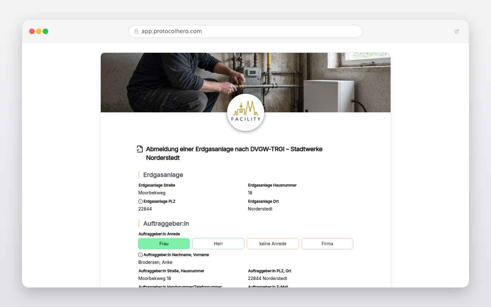 Vorschau der Vorlage „Abmeldung einer Erdgasanlage nach DVGW-TRGI – Stadtwerke Norderstedt"