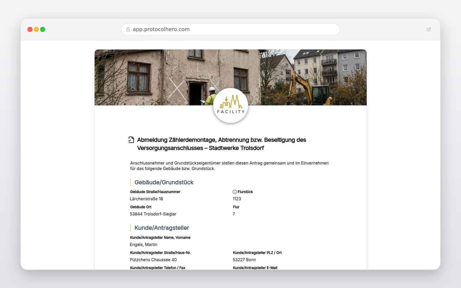 Vorschau der Vorlage „Abmeldung Zählerdemontage, Abtrennung bzw. Beseitigung des Versorgungsanschlusses – Stadtwerke Troisdorf"