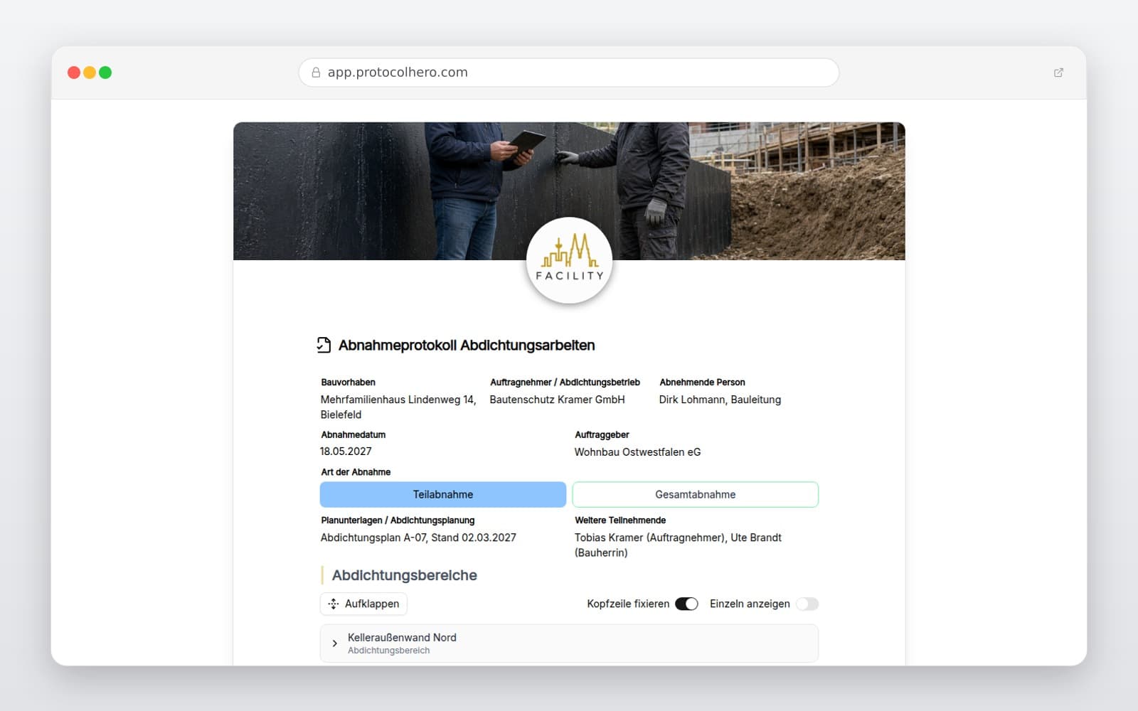 Vorschau der Vorlage „Abnahmeprotokoll Abdichtungsarbeiten"