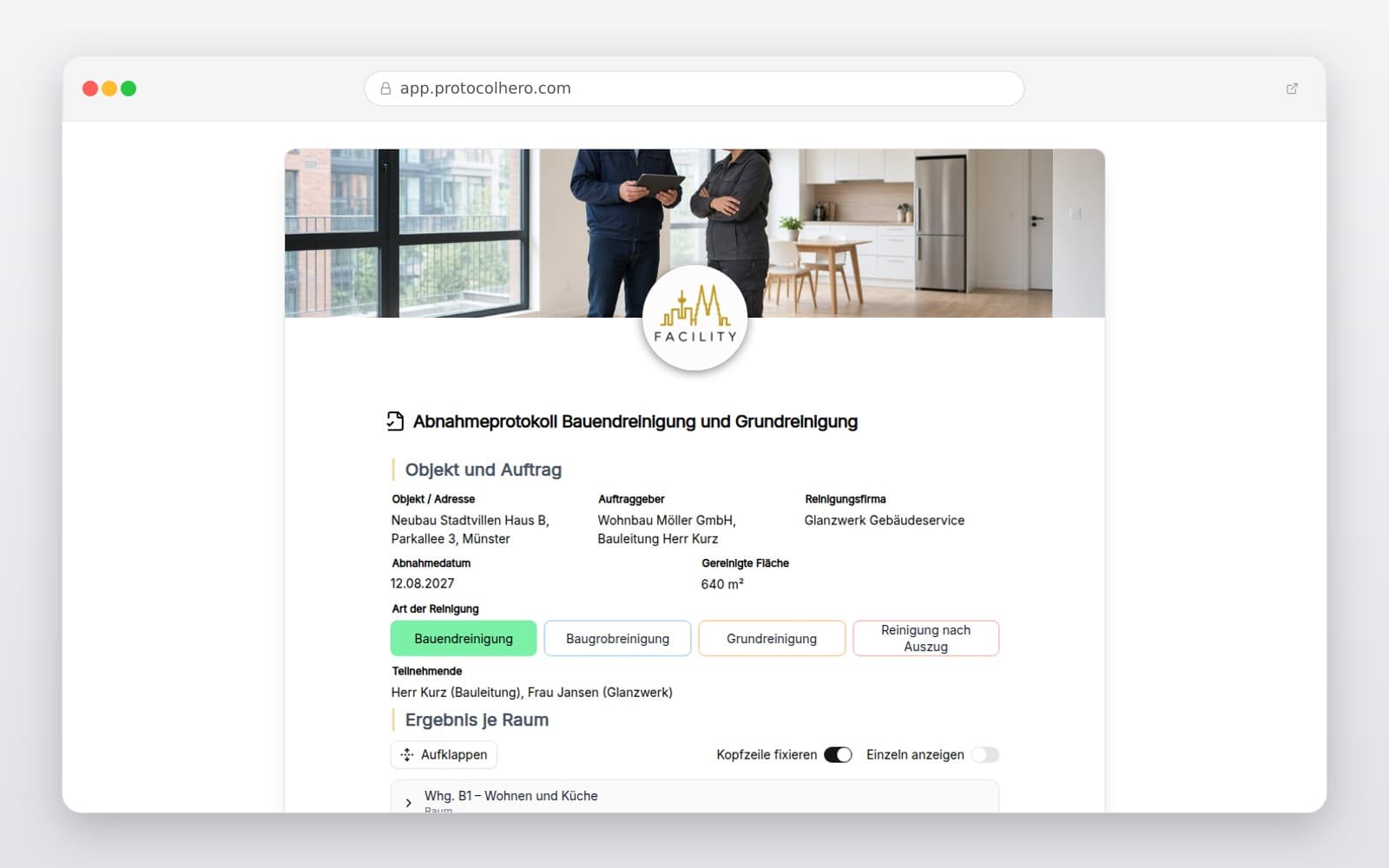 Vorschau der Vorlage „Abnahmeprotokoll Bauendreinigung und Grundreinigung"