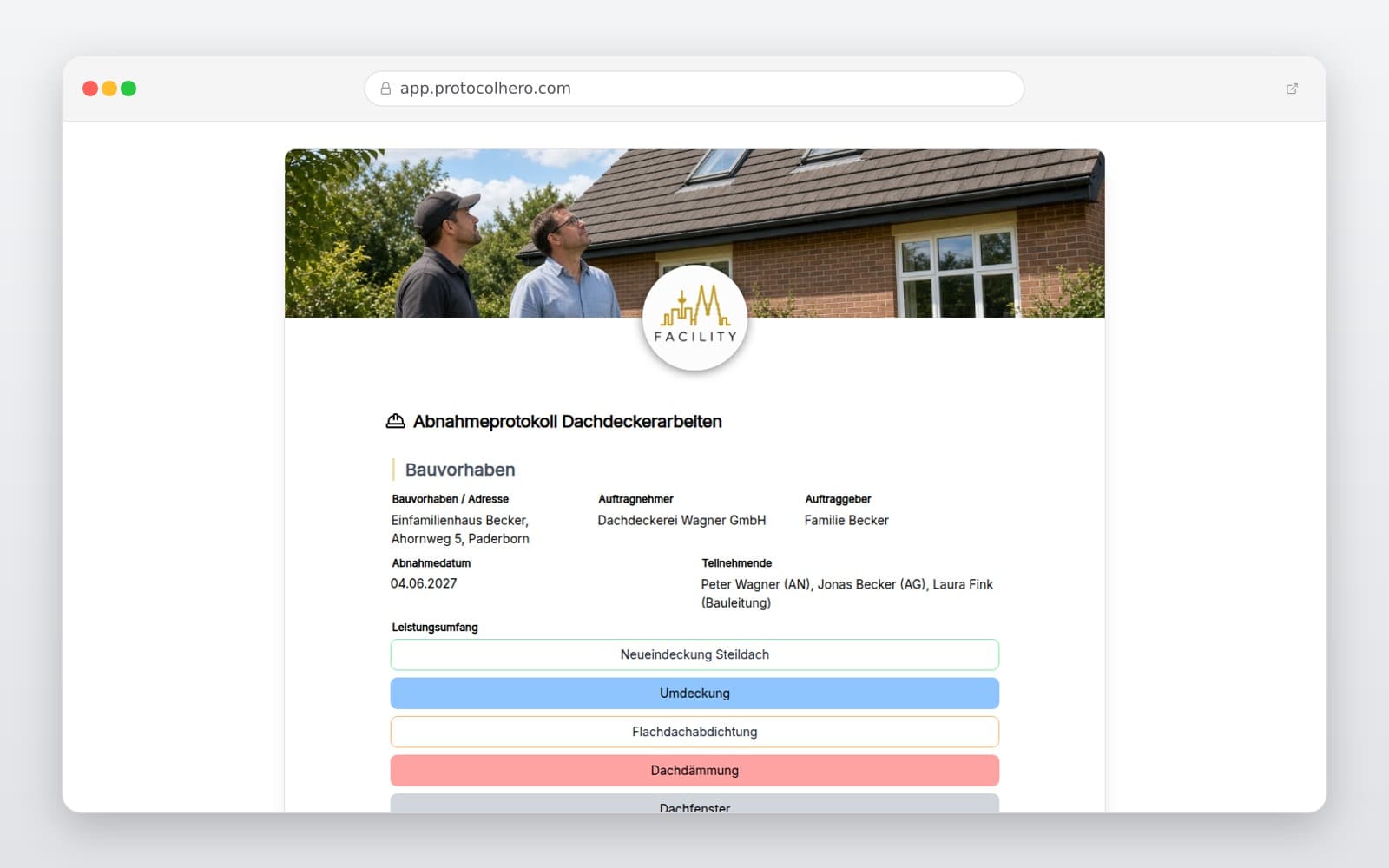 Vorschau der Vorlage „Abnahmeprotokoll Dachdeckerarbeiten"