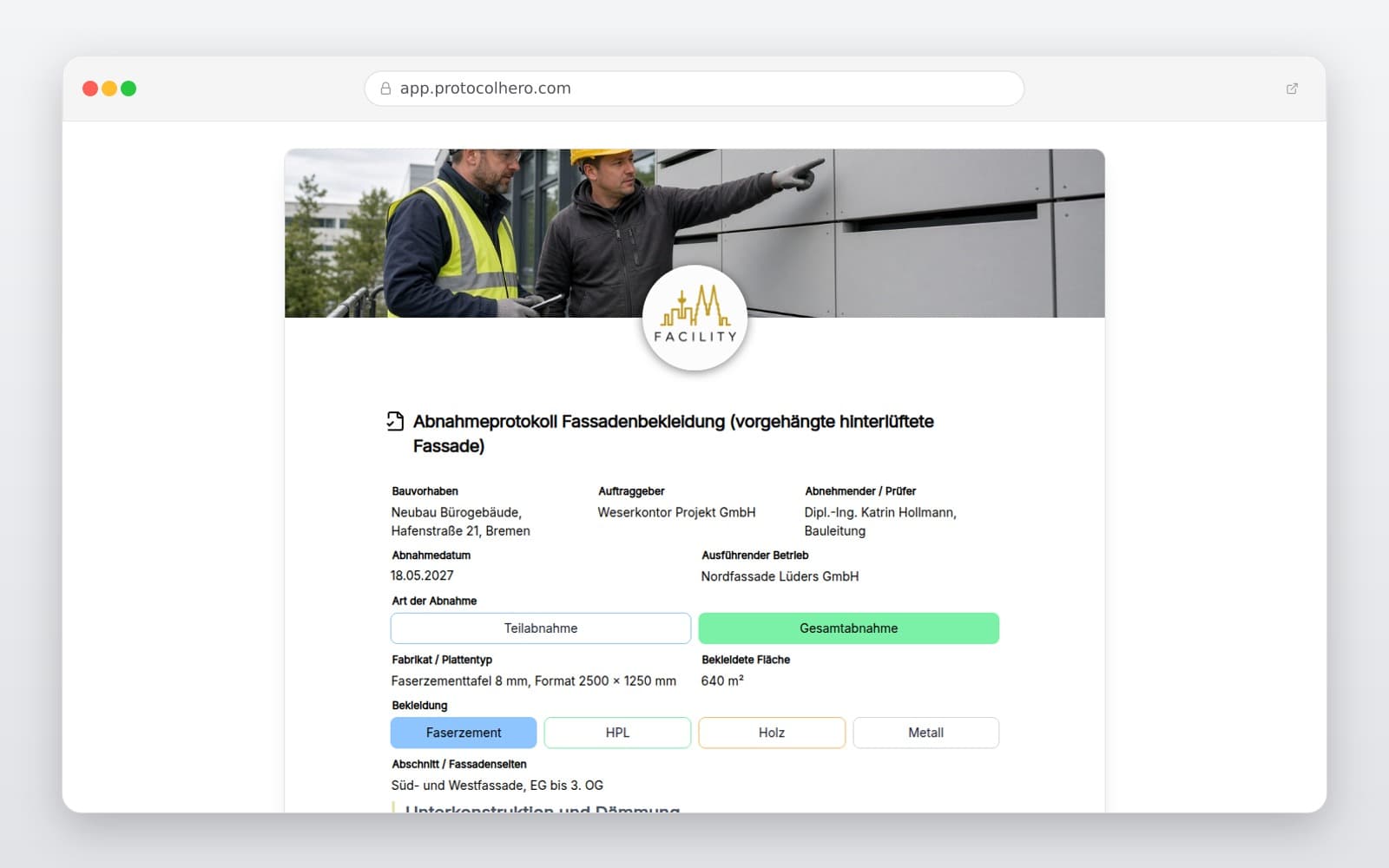 Vorschau der Vorlage „Abnahmeprotokoll Fassadenbekleidung (vorgehängte hinterlüftete Fassade)"