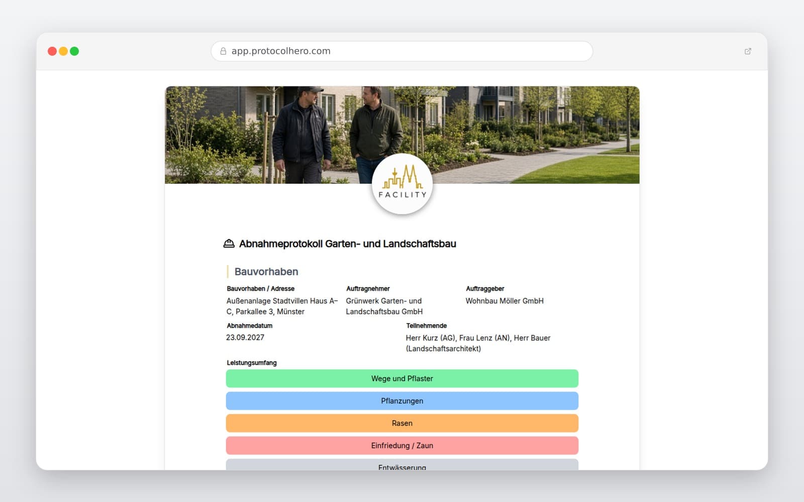 Vorschau der Vorlage „Abnahmeprotokoll Garten- und Landschaftsbau"