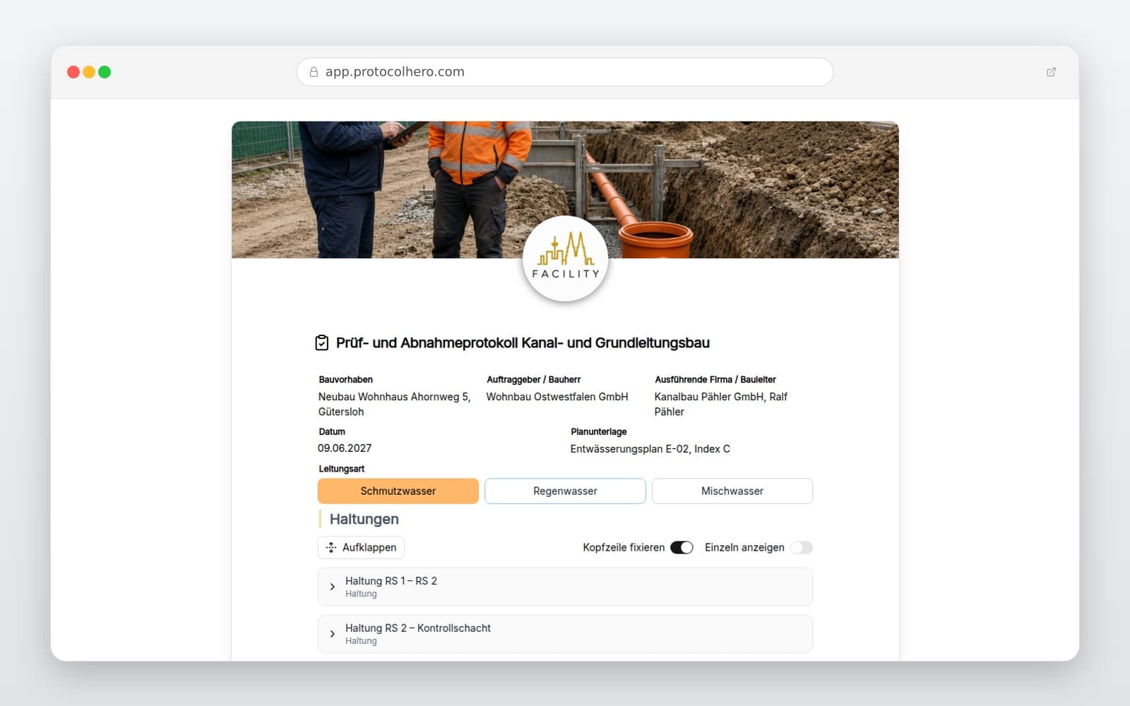Vorschau der Vorlage „Prüf- und Abnahmeprotokoll Kanal- und Grundleitungsbau"