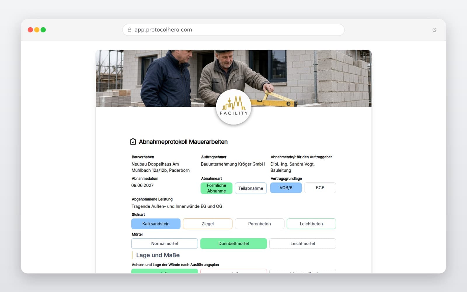 Vorschau der Vorlage „Abnahmeprotokoll Mauerarbeiten"