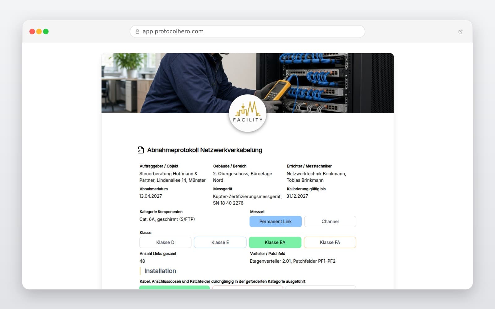 Vorschau der Vorlage „Abnahmeprotokoll Netzwerkverkabelung"