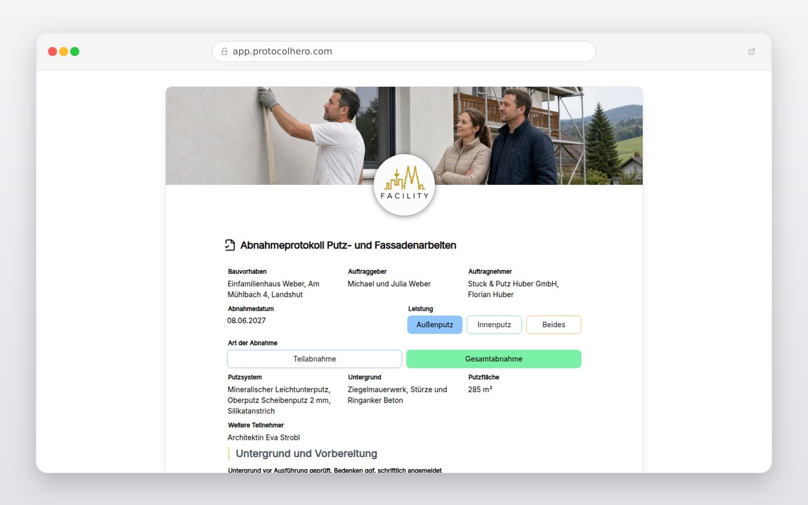 Vorschau der Vorlage „Abnahmeprotokoll Putz- und Fassadenarbeiten"
