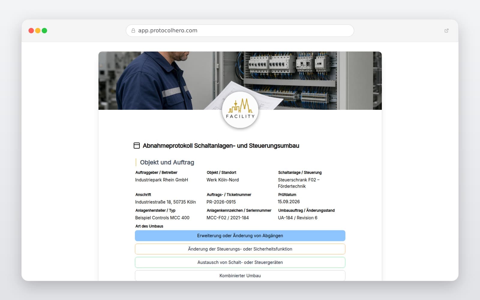 Vorschau der Vorlage „Abnahmeprotokoll Schaltanlagen- und Steuerungsumbau"